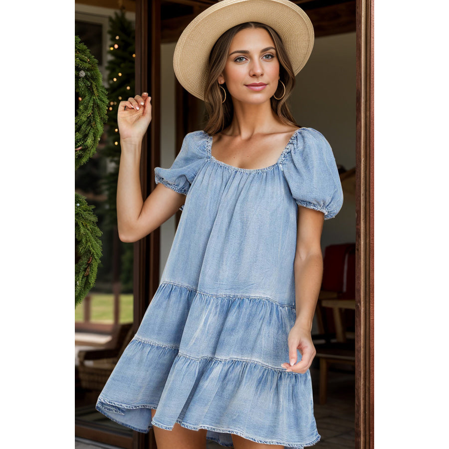 Square Neck Puff Sleeve Denim Dress Apparel and Accessories