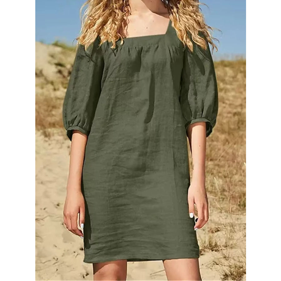 Square Neck Puff Sleeve Mini Dress Green / S Apparel and Accessories