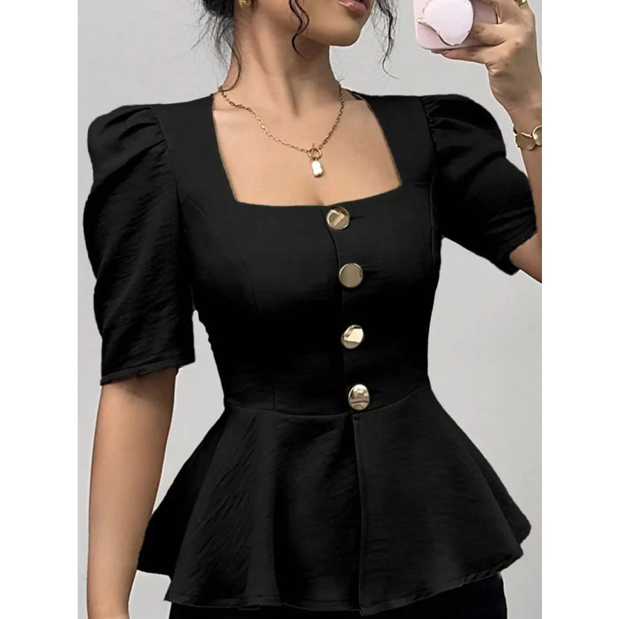 Square Neck Puff Sleeve Peplum Blouse Apparel and Accessories