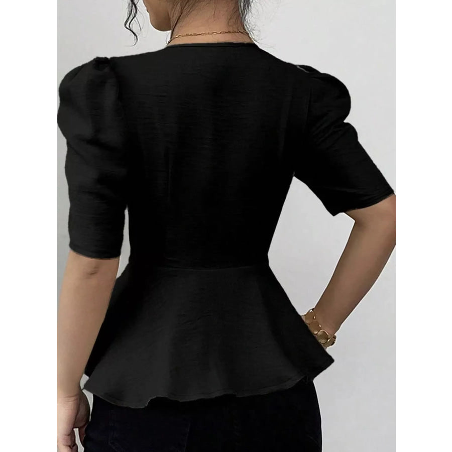 Square Neck Puff Sleeve Peplum Blouse Apparel and Accessories