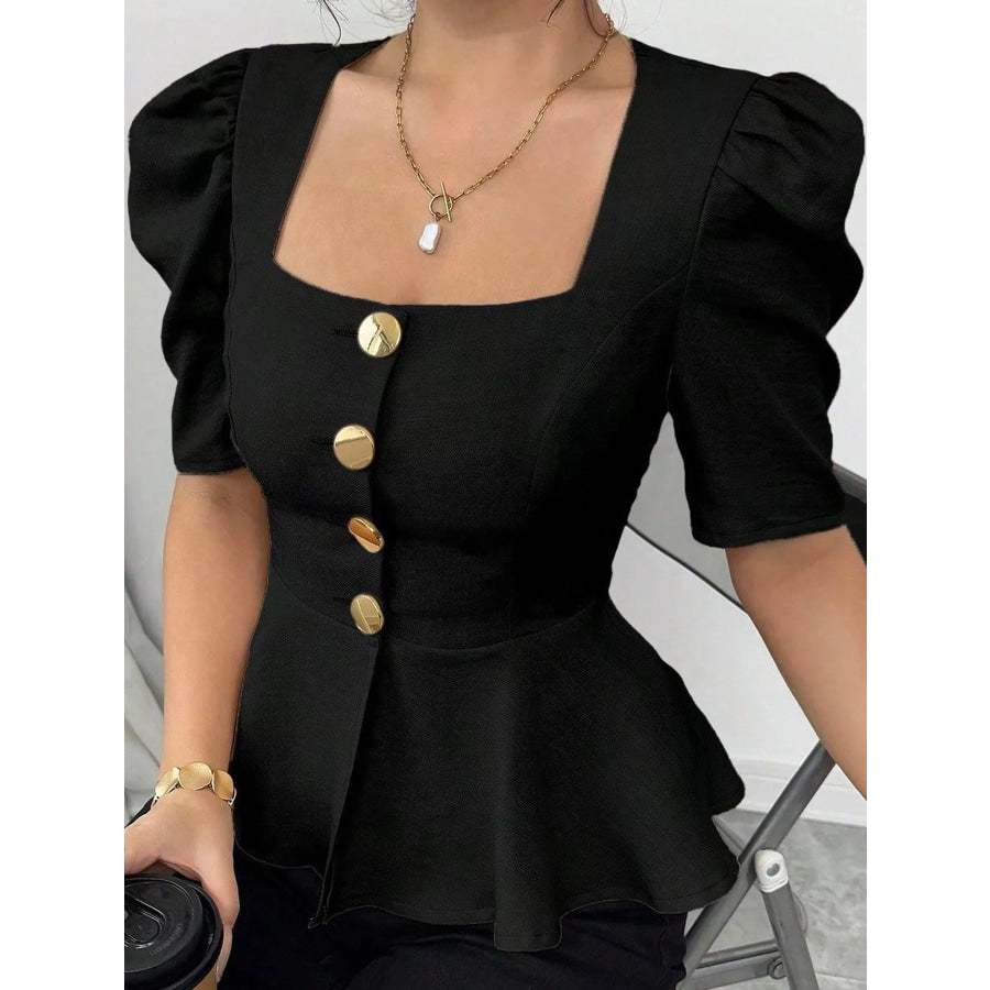 Square Neck Puff Sleeve Peplum Blouse Apparel and Accessories