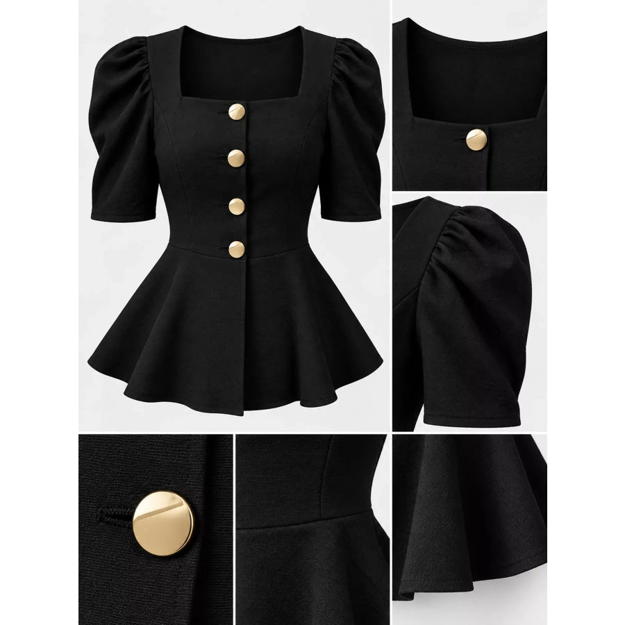 Square Neck Puff Sleeve Peplum Blouse Apparel and Accessories