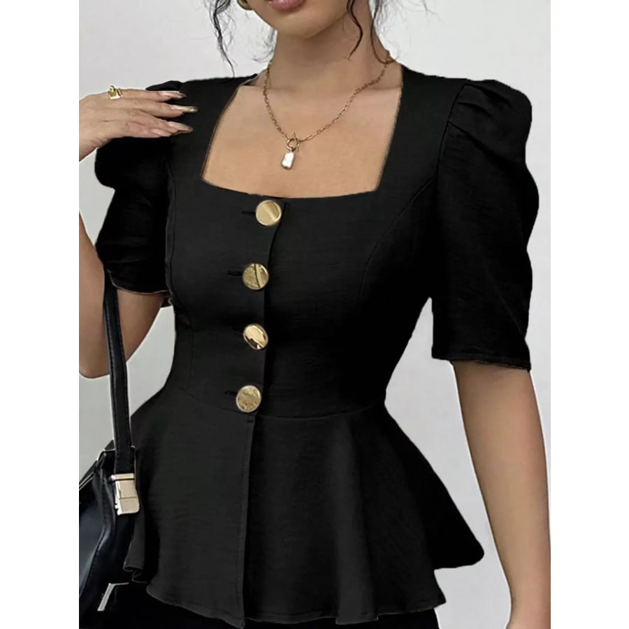Square Neck Puff Sleeve Peplum Blouse Apparel and Accessories
