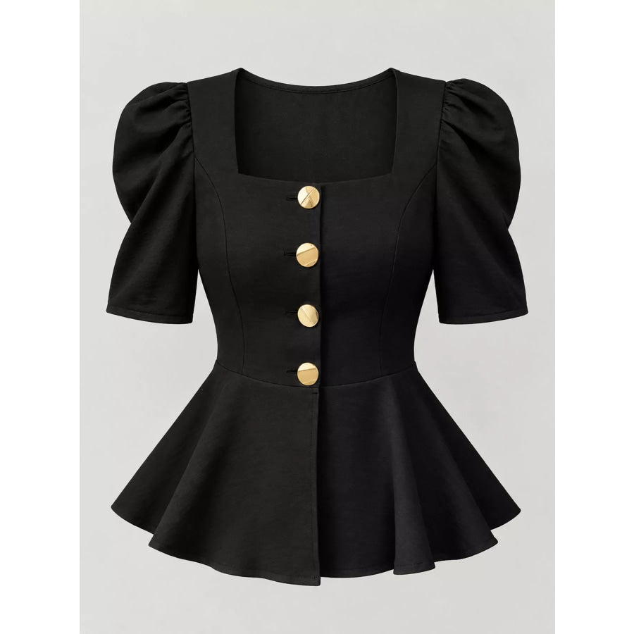 Square Neck Puff Sleeve Peplum Blouse Apparel and Accessories
