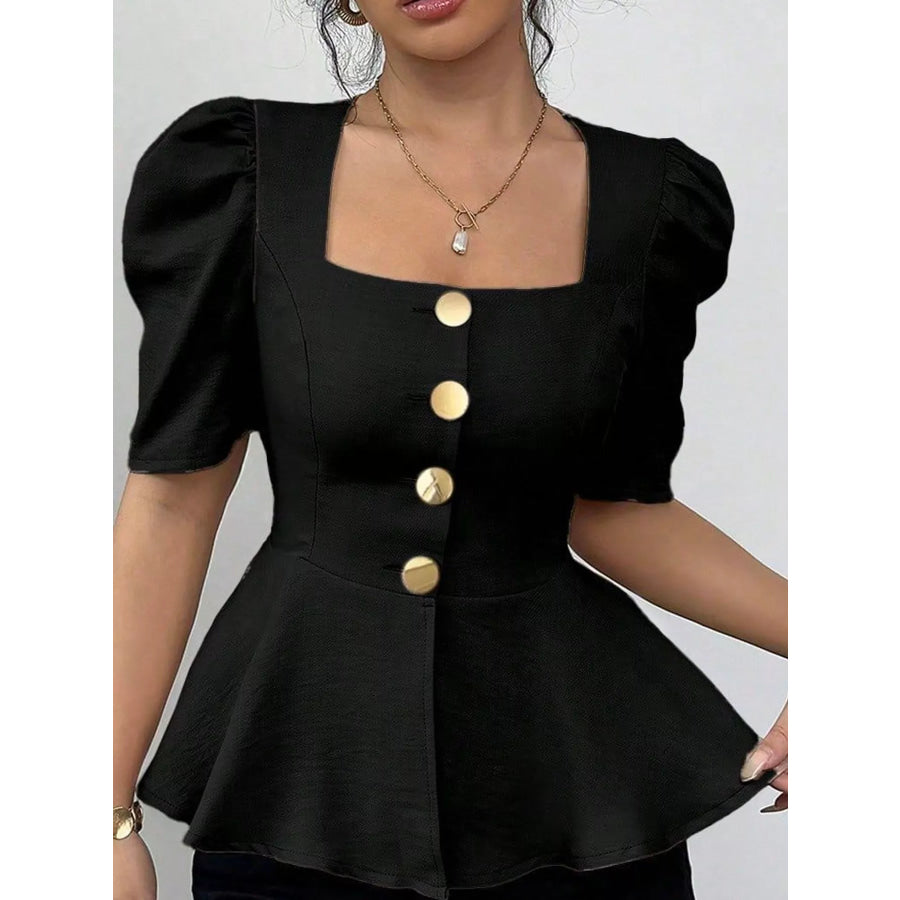 Square Neck Puff Sleeve Peplum Blouse Apparel and Accessories