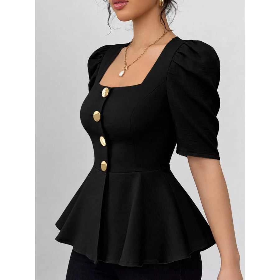 Square Neck Puff Sleeve Peplum Blouse Apparel and Accessories
