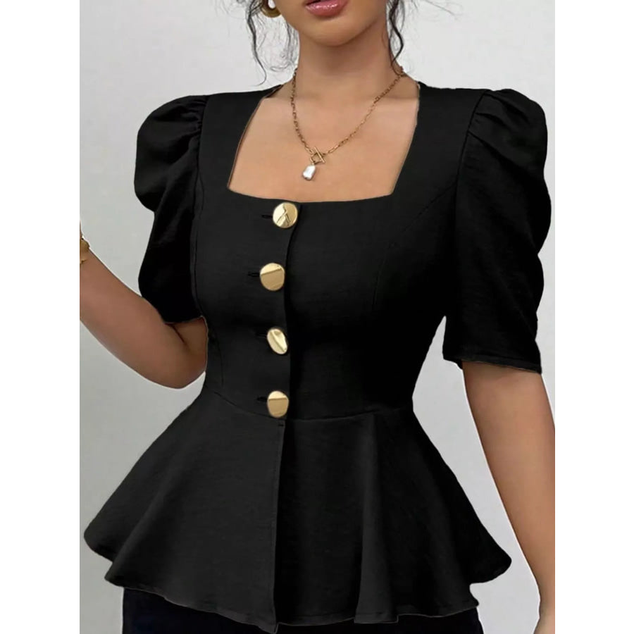 Square Neck Puff Sleeve Peplum Blouse Black / S Apparel and Accessories