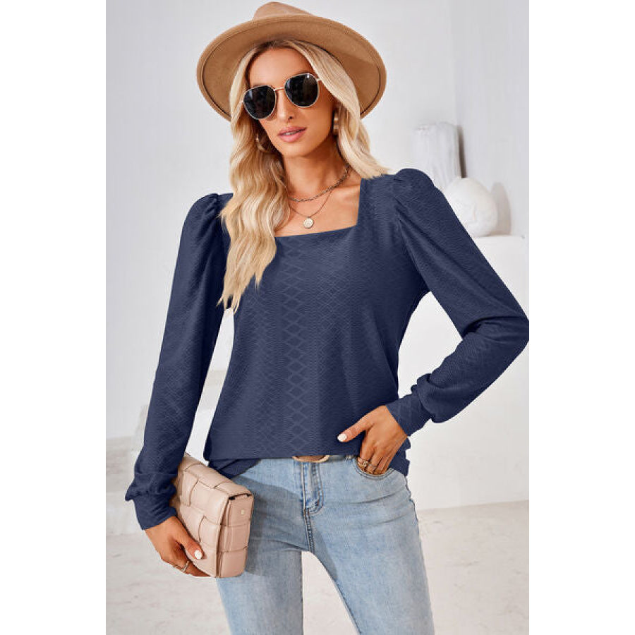 Square Neck Puff Sleeve T - Shirt Navy / S Apparel and Accessories