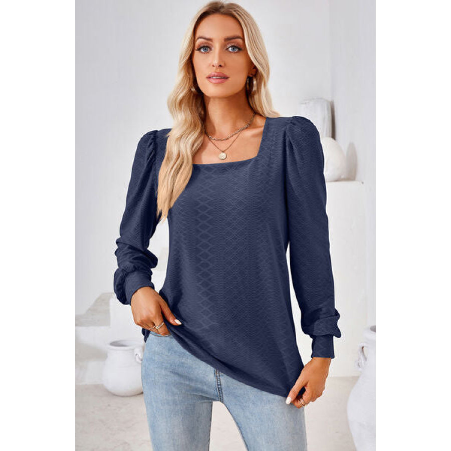 Square Neck Puff Sleeve T - Shirt Navy / S Apparel and Accessories