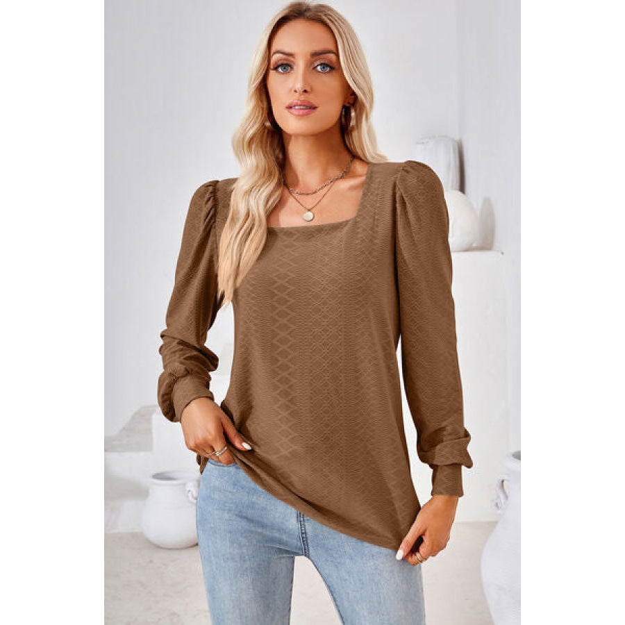 Square Neck Puff Sleeve T - Shirt Taupe / S Apparel and Accessories