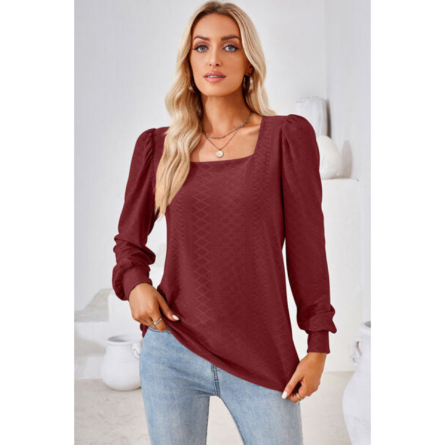 Square Neck Puff Sleeve T - Shirt Wine / S Apparel and Accessories