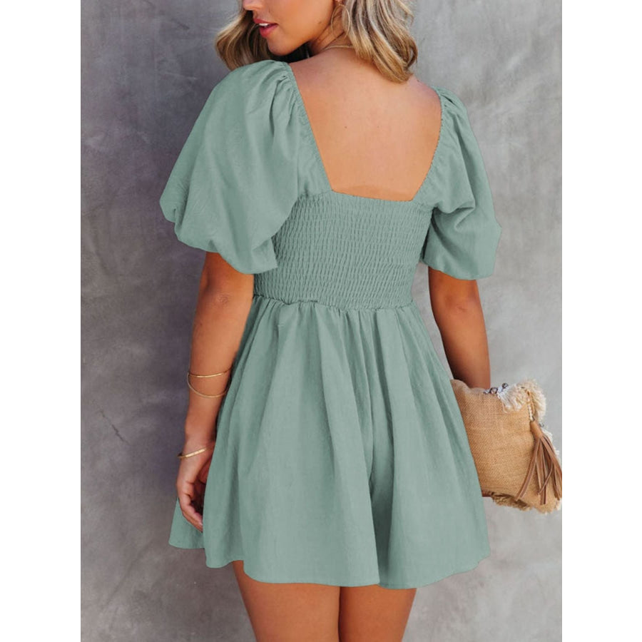 Square Neck Ruched Puff Sleeve Romper Apparel and Accessories