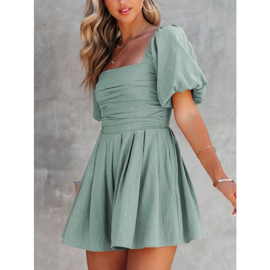 Square Neck Ruched Puff Sleeve Romper Apparel and Accessories