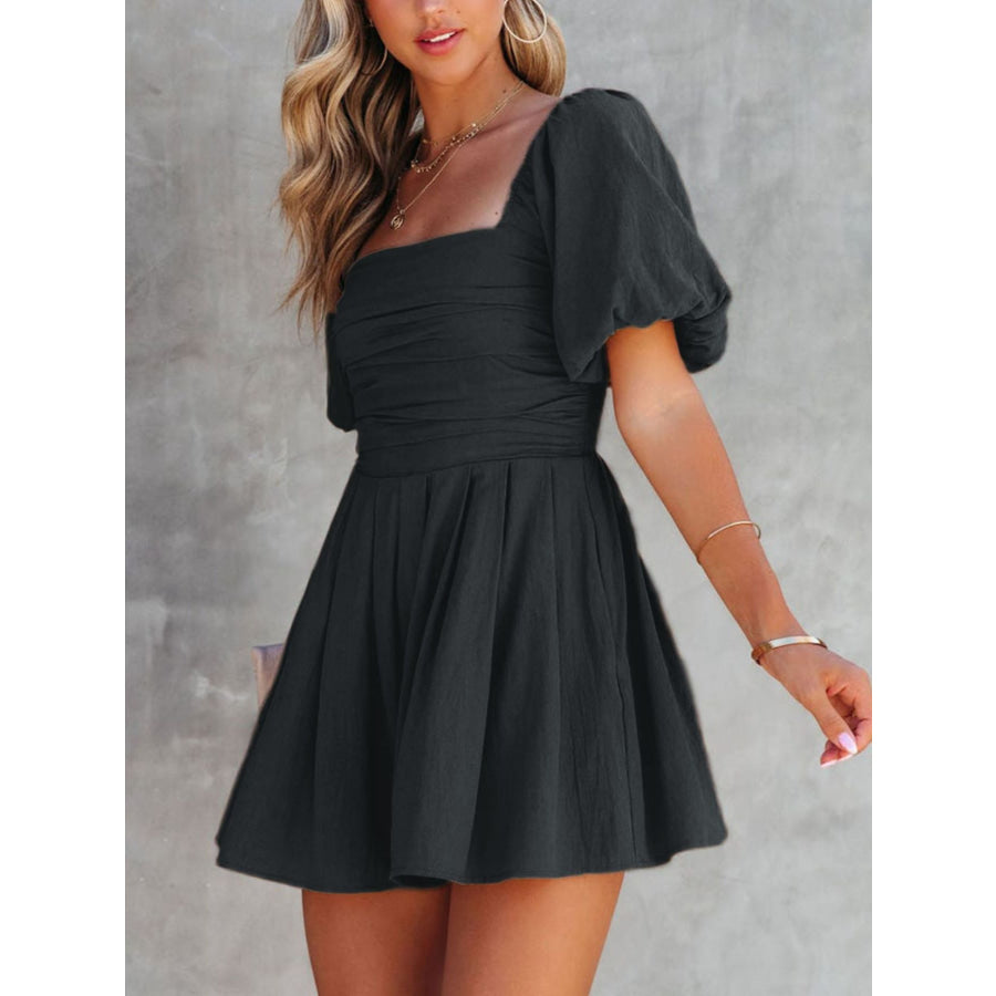 Square Neck Ruched Puff Sleeve Romper Apparel and Accessories