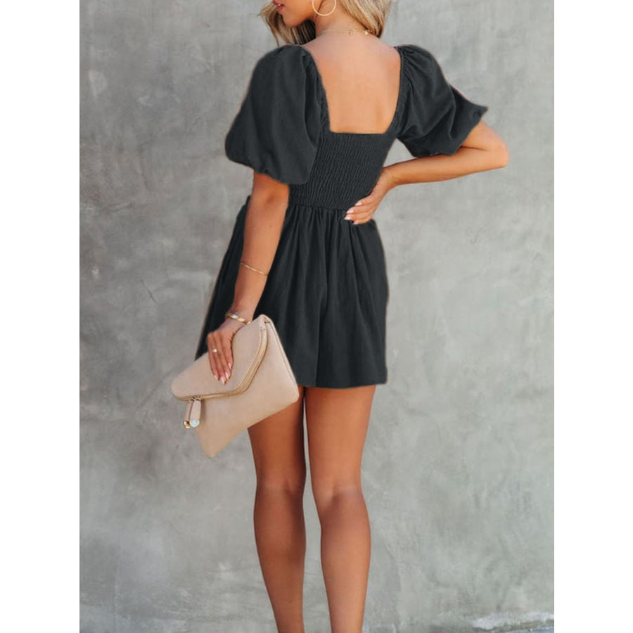Square Neck Ruched Puff Sleeve Romper Apparel and Accessories