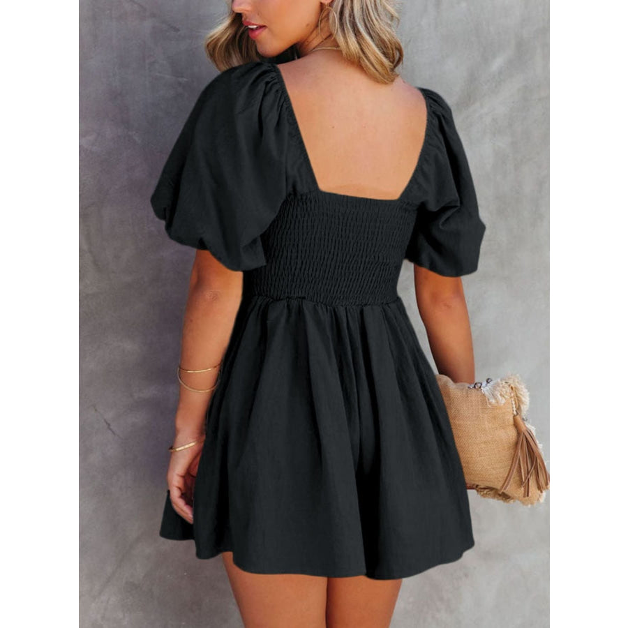 Square Neck Ruched Puff Sleeve Romper Apparel and Accessories