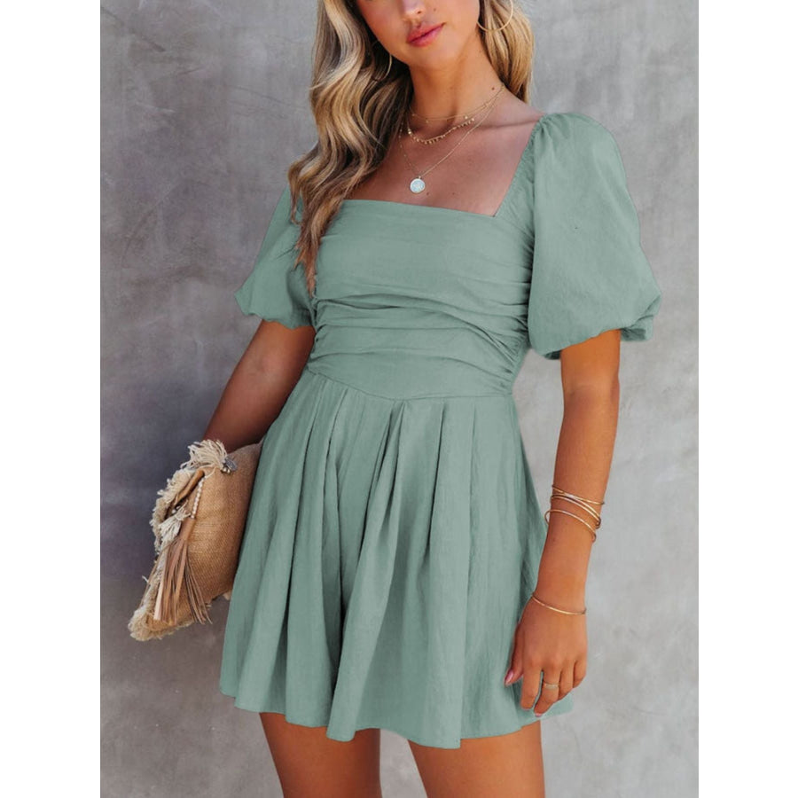 Square Neck Ruched Puff Sleeve Romper Sage / S Apparel and Accessories