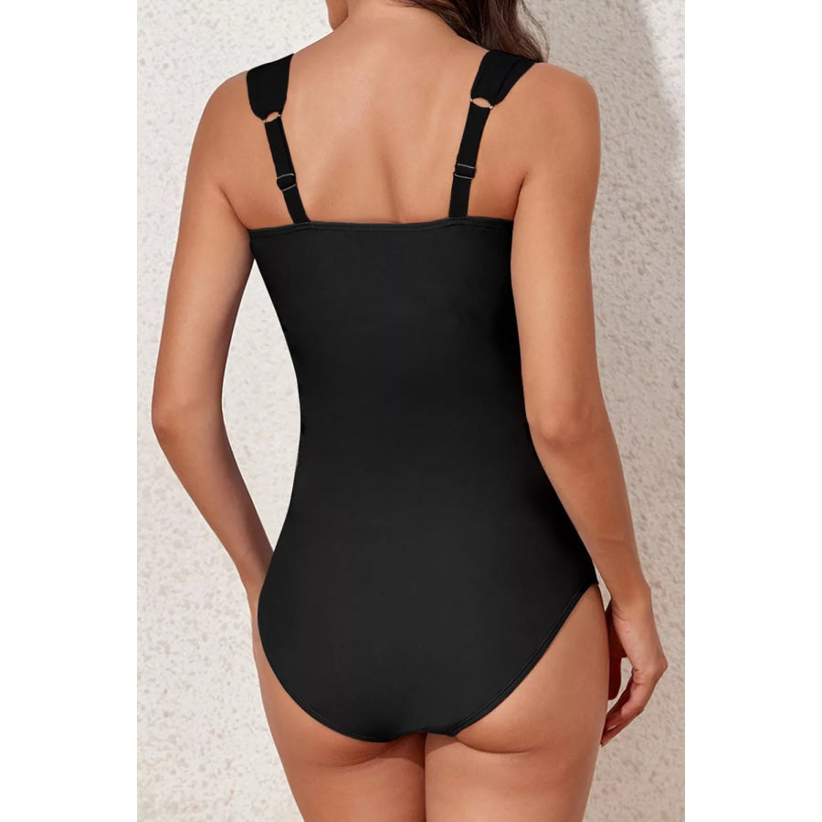Square Neck Ruched Tommy Control One Piece Swimsuit Black / S Apparel and Accessories