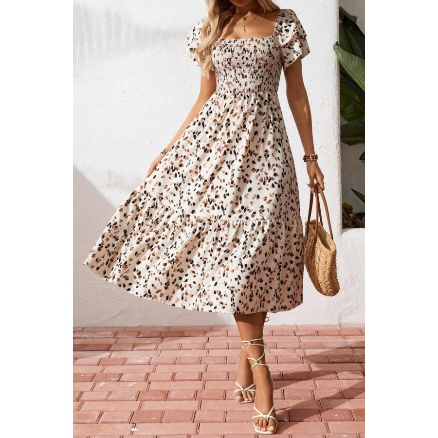Square Neck Ruffle Sleeve Midi Dress Apparel and Accessories