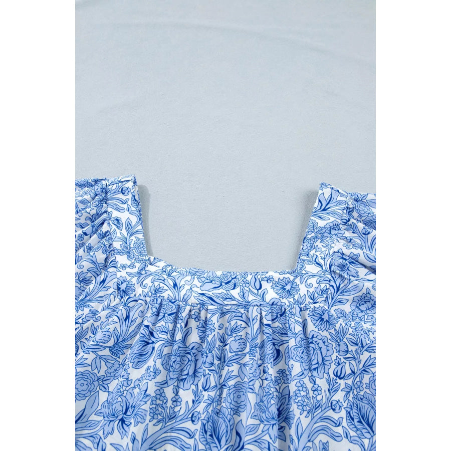 Square Neck Short Puff Sleeve Pleated Floral Blouse Apparel and Accessories