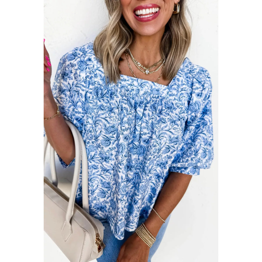 Square Neck Short Puff Sleeve Pleated Floral Blouse Apparel and Accessories