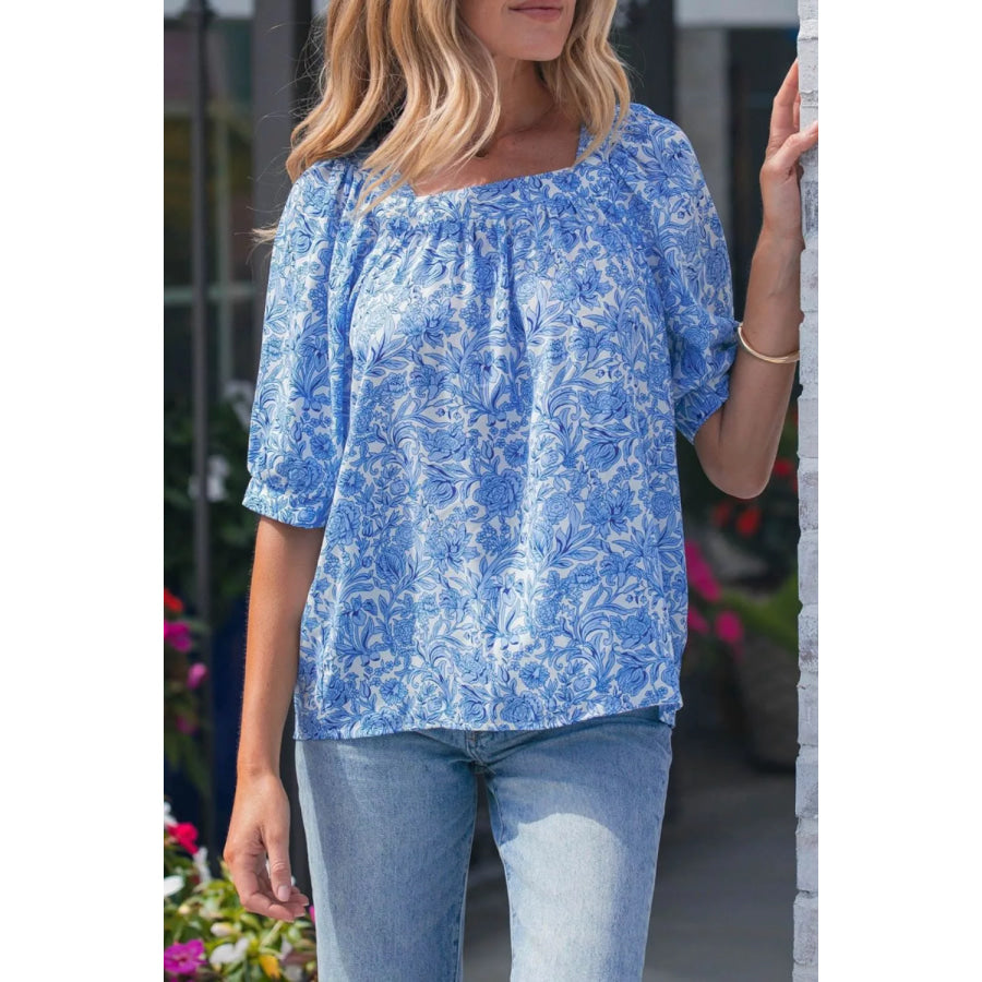 Square Neck Short Puff Sleeve Pleated Floral Blouse Apparel and Accessories