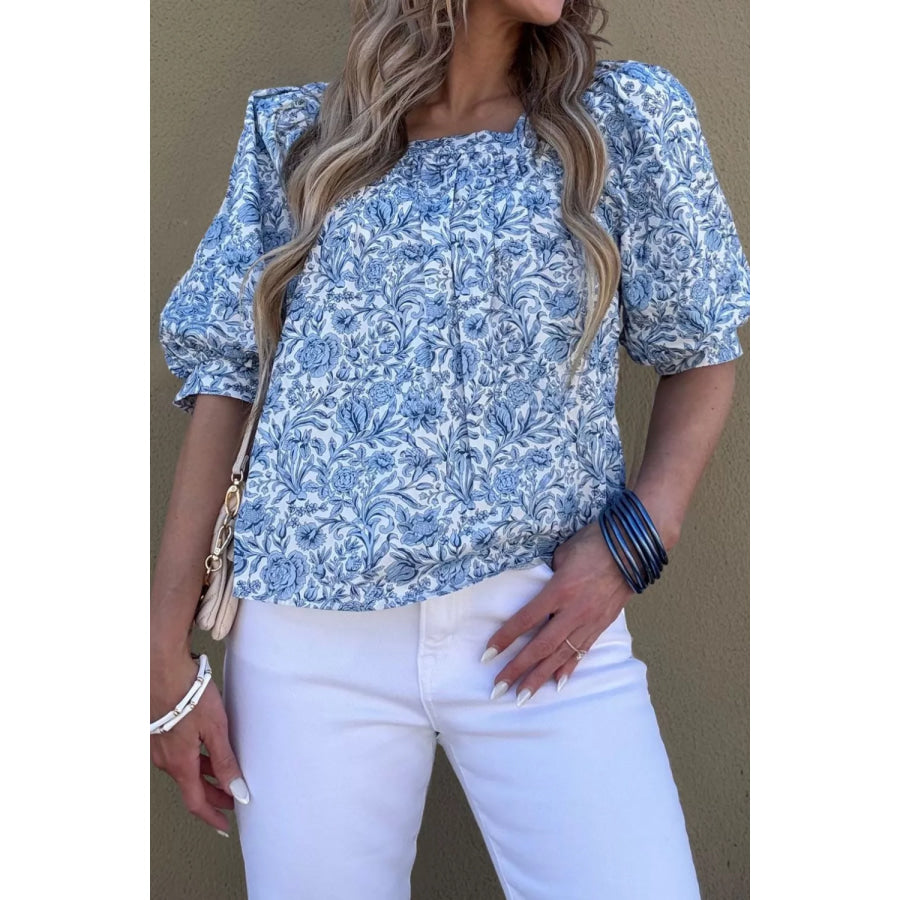Square Neck Short Puff Sleeve Pleated Floral Blouse Apparel and Accessories