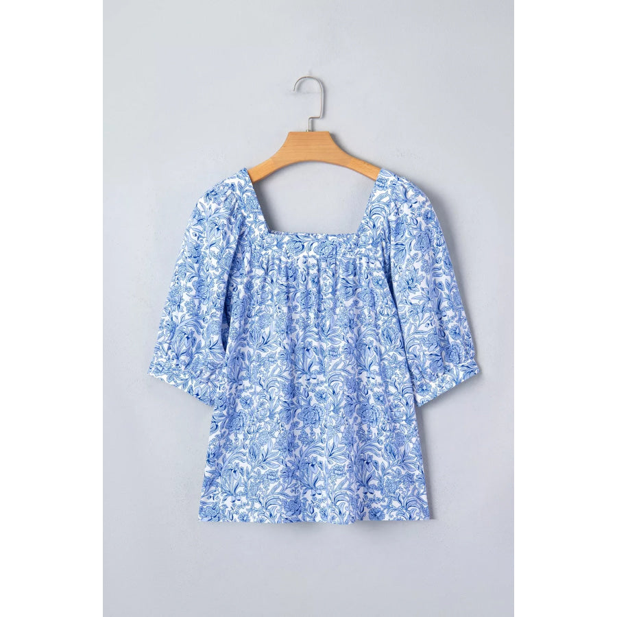 Square Neck Short Puff Sleeve Pleated Floral Blouse Apparel and Accessories