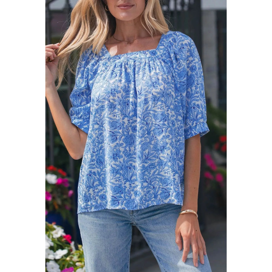 Square Neck Short Puff Sleeve Pleated Floral Blouse Apparel and Accessories