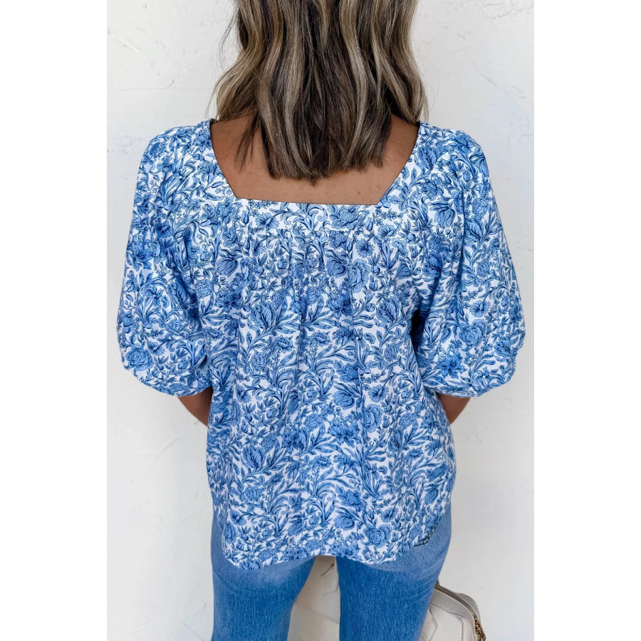 Square Neck Short Puff Sleeve Pleated Floral Blouse Apparel and Accessories