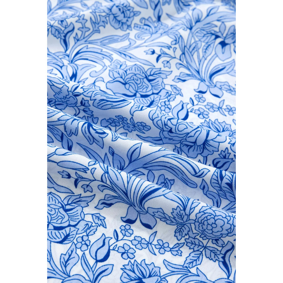Square Neck Short Puff Sleeve Pleated Floral Blouse Apparel and Accessories