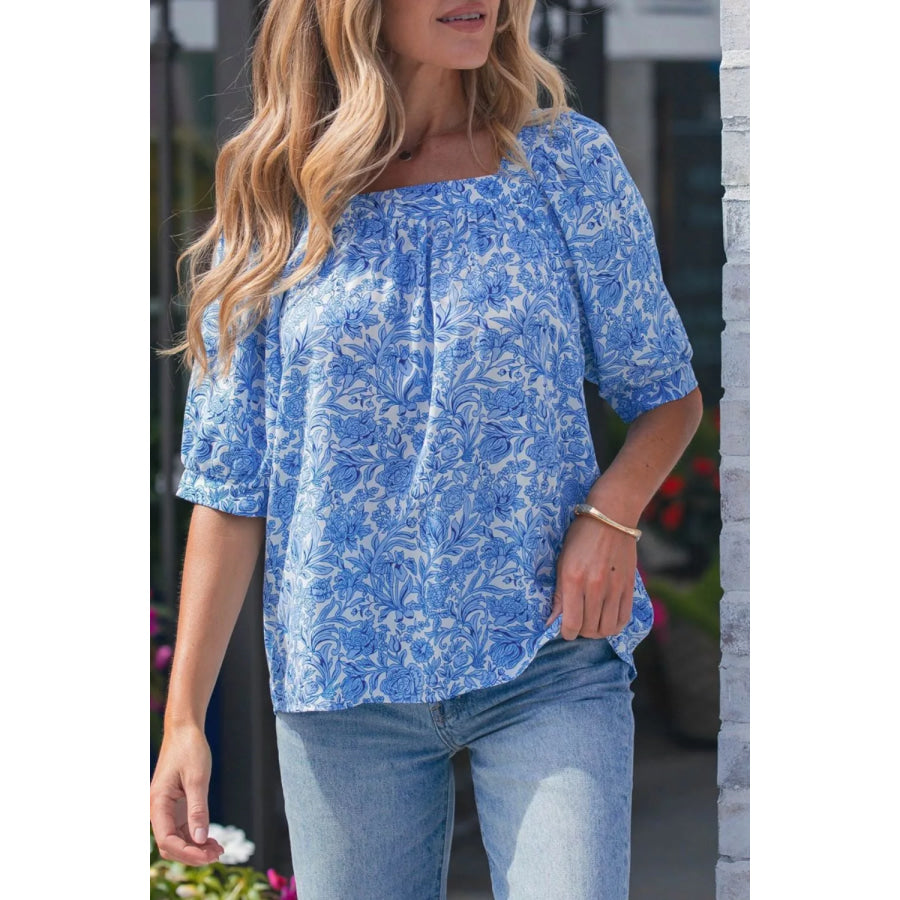 Square Neck Short Puff Sleeve Pleated Floral Blouse Apparel and Accessories