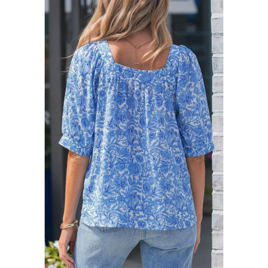 Square Neck Short Puff Sleeve Pleated Floral Blouse Apparel and Accessories