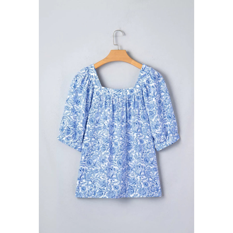 Square Neck Short Puff Sleeve Pleated Floral Blouse Apparel and Accessories