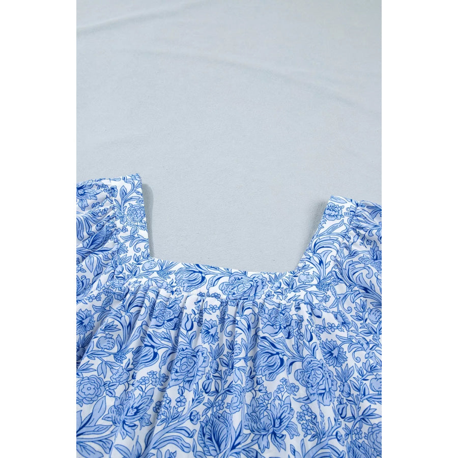 Square Neck Short Puff Sleeve Pleated Floral Blouse Apparel and Accessories