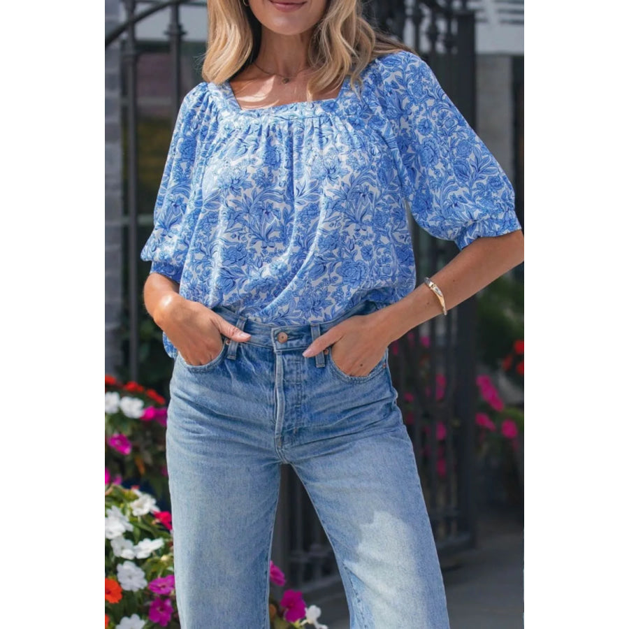 Square Neck Short Puff Sleeve Pleated Floral Blouse Light Blue / S Apparel and Accessories