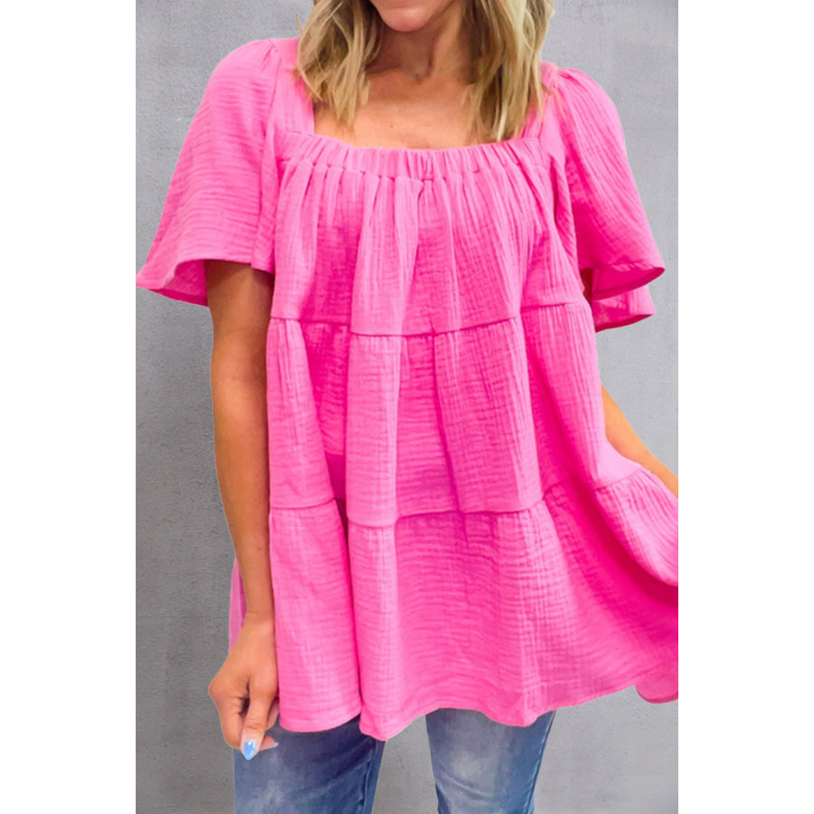 Square Neck Short Sleeve Blouse Fuchsia Pink / S Apparel and Accessories