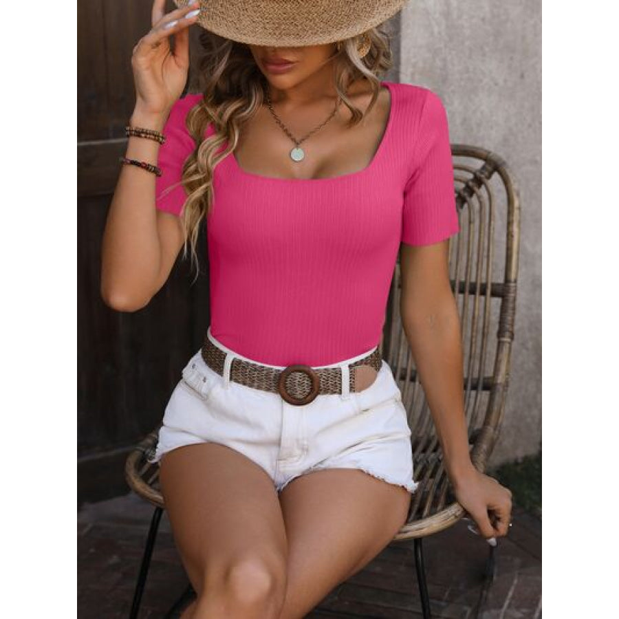 Square Neck Short Sleeve Sweater Hot Pink / S Apparel and Accessories