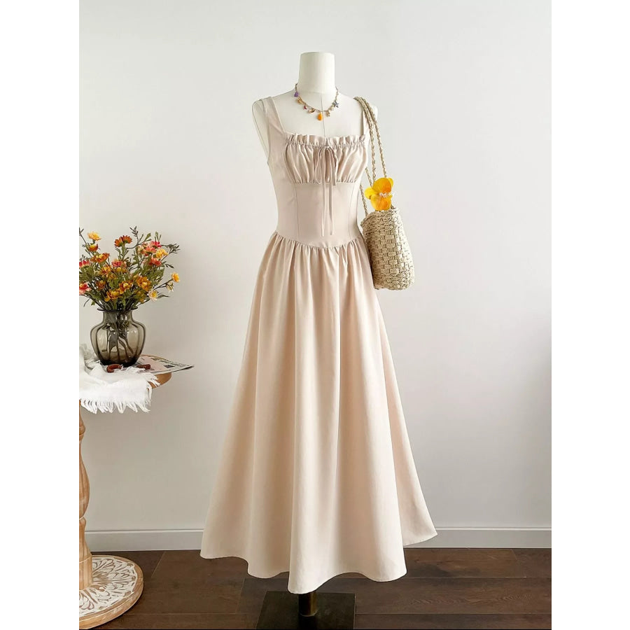 Square Neck Sleeveless A-Line Dress Tan / S Apparel and Accessories