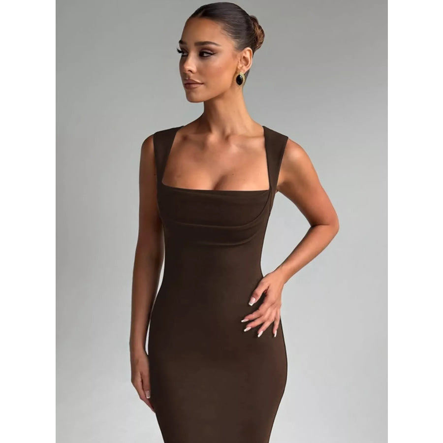 Square Neck Sleeveless Maxi Dress Brown / XS Apparel and Accessories