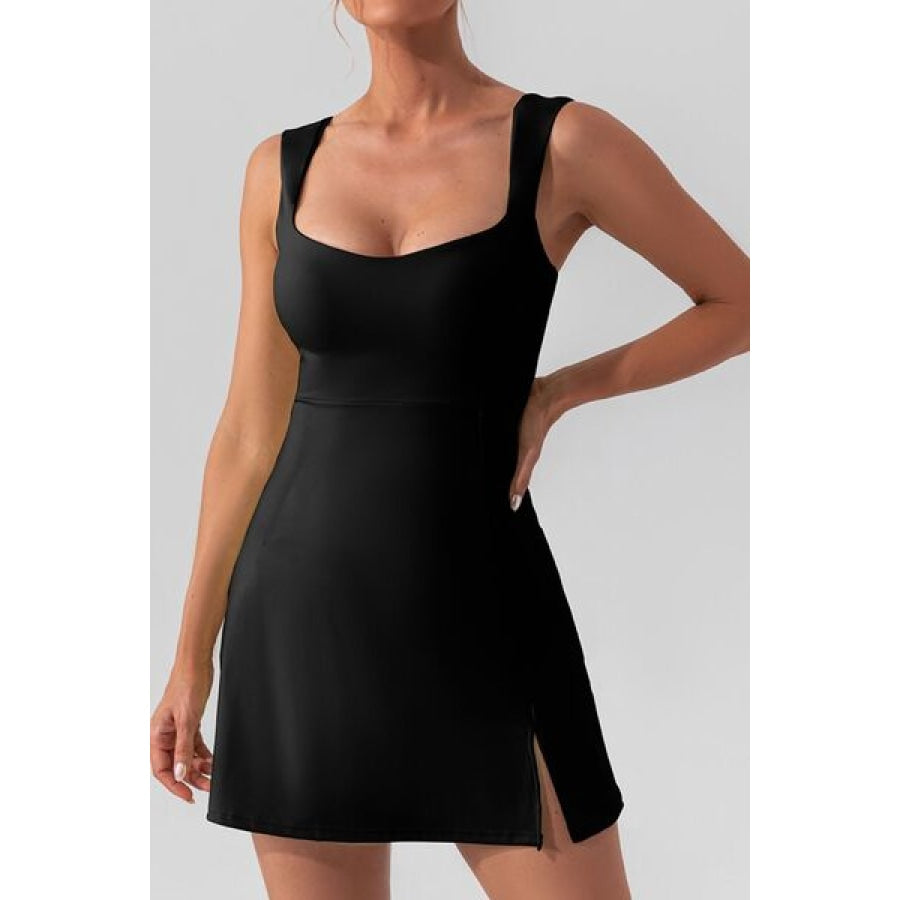 Square Neck Sleeveless Slit Mini Active Dress Black / S Clothing