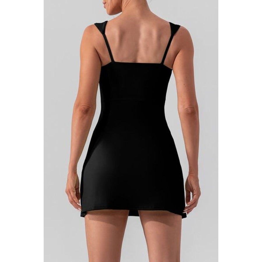 Square Neck Sleeveless Slit Mini Active Dress Black / S Clothing