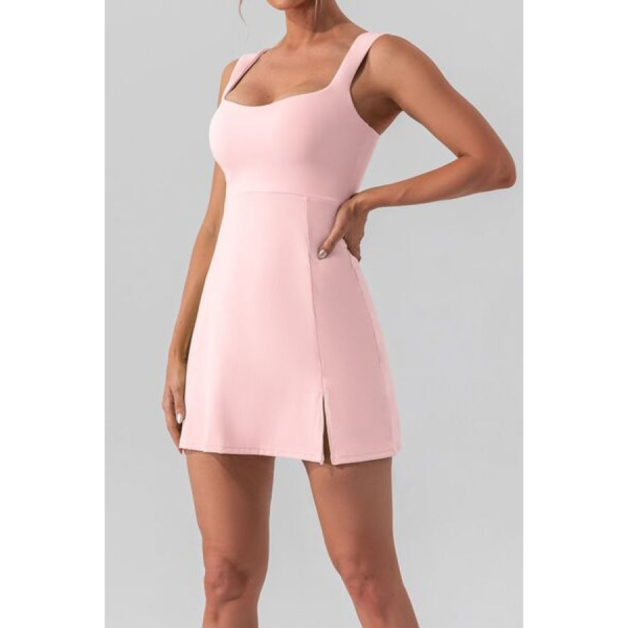 Square Neck Sleeveless Slit Mini Active Dress Dusty Pink / S Clothing