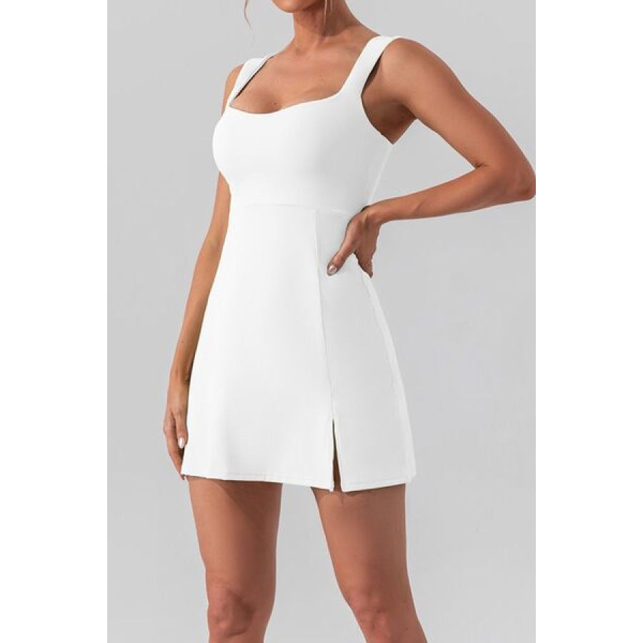 Square Neck Sleeveless Slit Mini Active Dress White / S Clothing