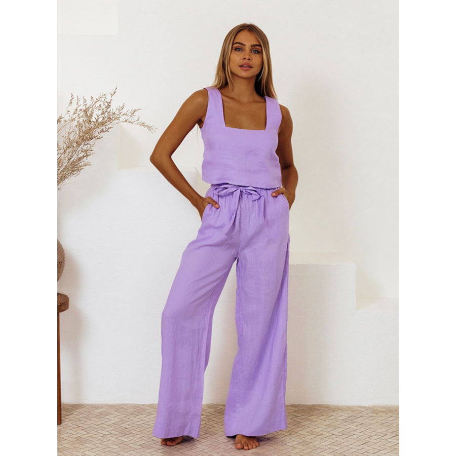 Square Neck Sleeveless Top and Pants Set Lavender / S Apparel and Accessories