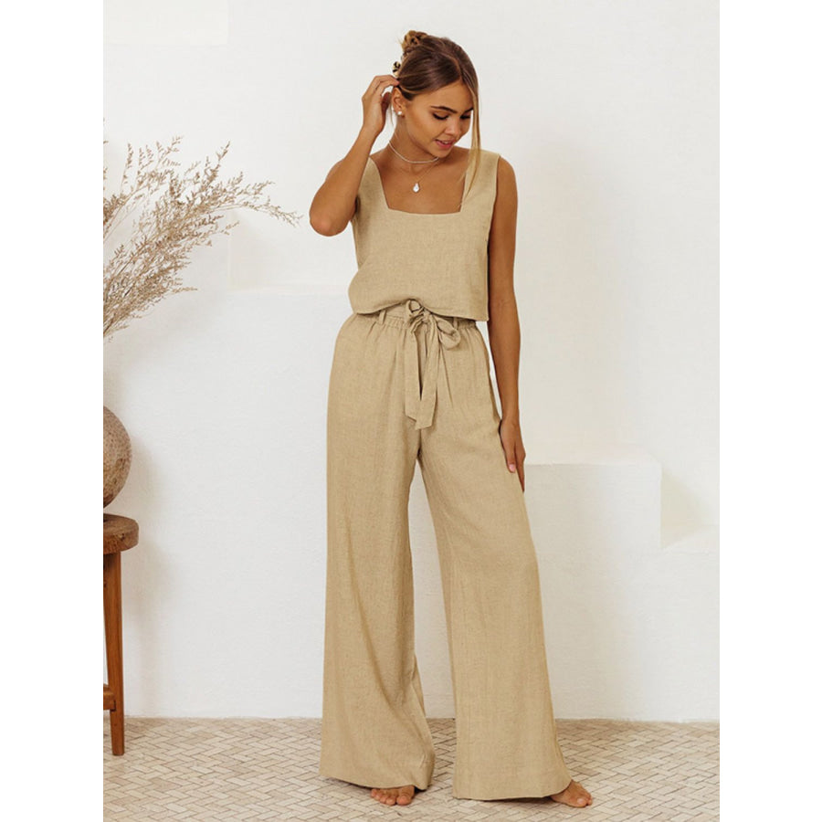 Square Neck Sleeveless Top and Pants Set Tan / S Apparel and Accessories