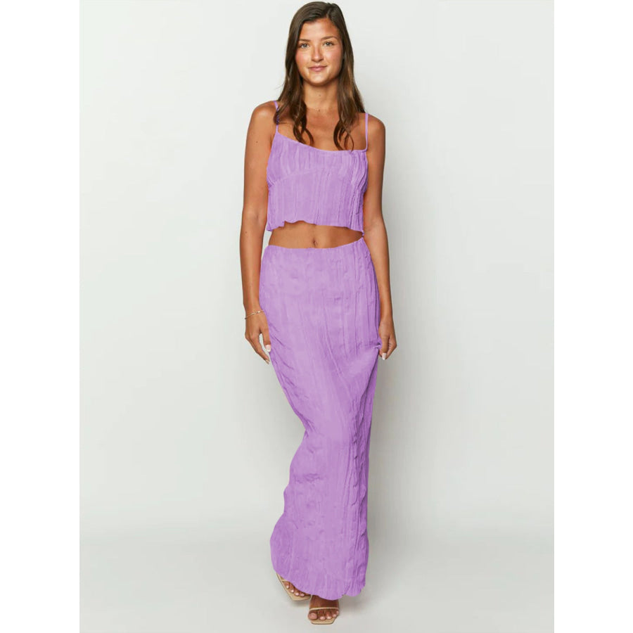 Square Neck Sleeveless Top and Ruched Skirt Set Lavender / S Apparel and Accessories