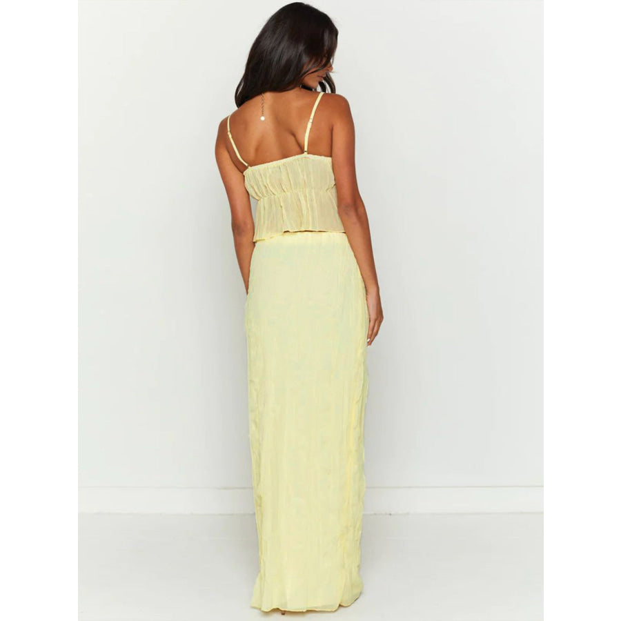 Square Neck Sleeveless Top and Ruched Skirt Set Pastel Yellow / S Apparel and Accessories