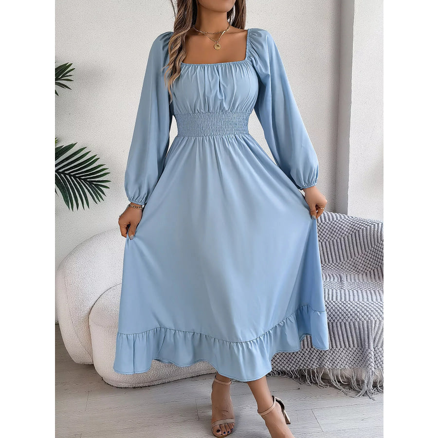 Square Neck Smocked Waist Long Sleeve Midi Dress Apparel and Accessories