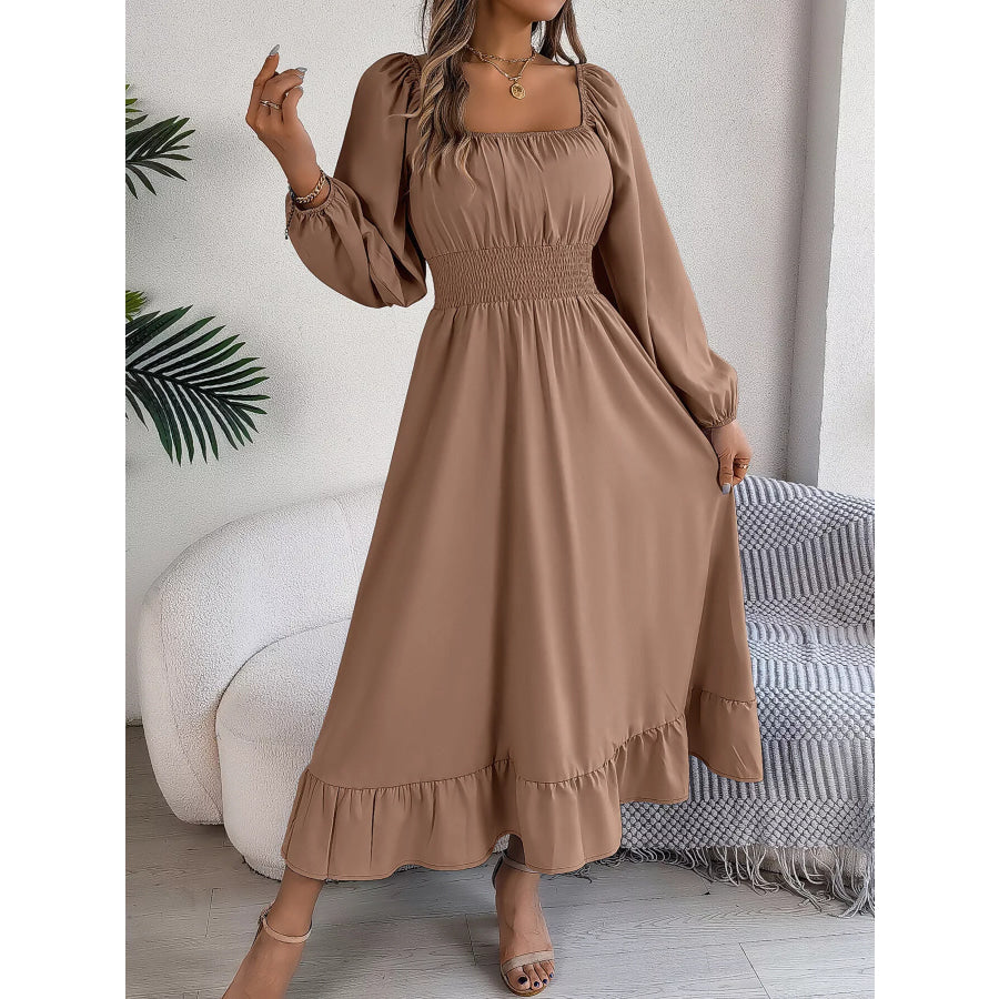 Square Neck Smocked Waist Long Sleeve Midi Dress Apparel and Accessories